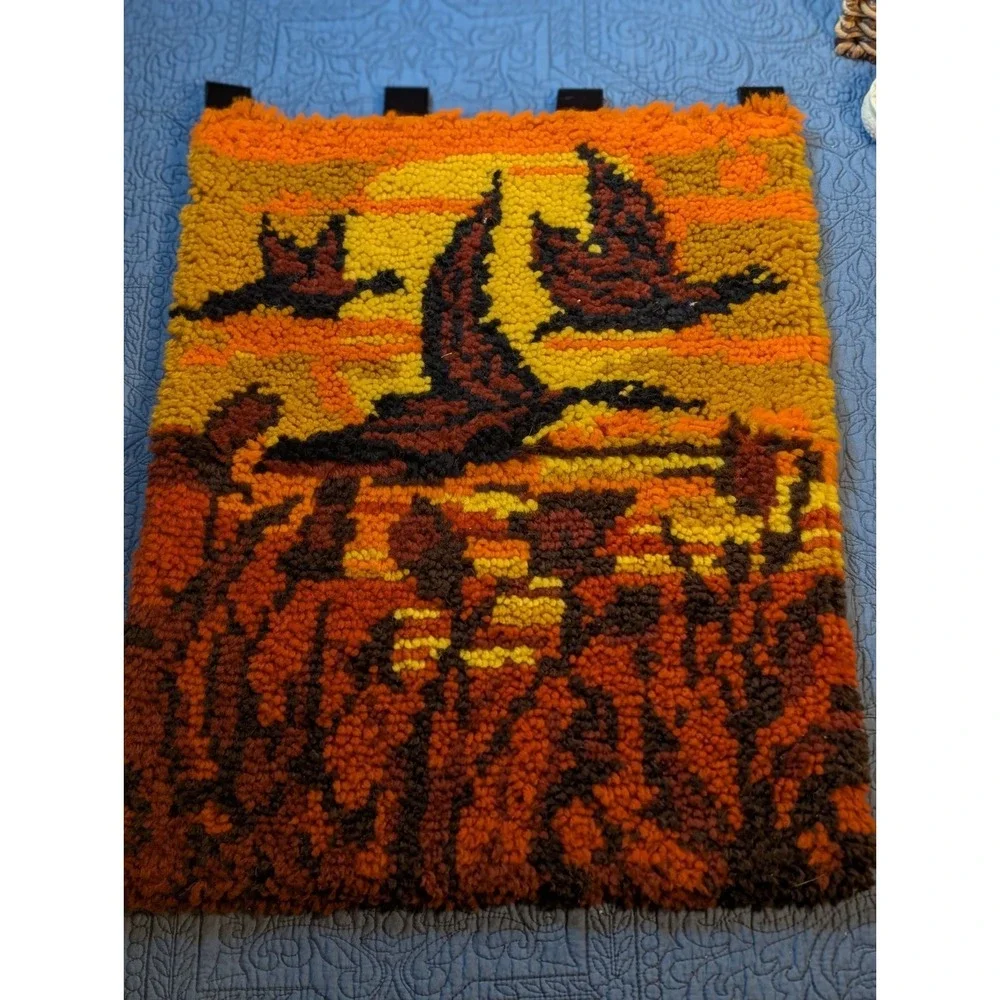 Vintage 70s Geese in Flight Latch Hook Rug Wall Hanging Sunset 24x18 Ready to...